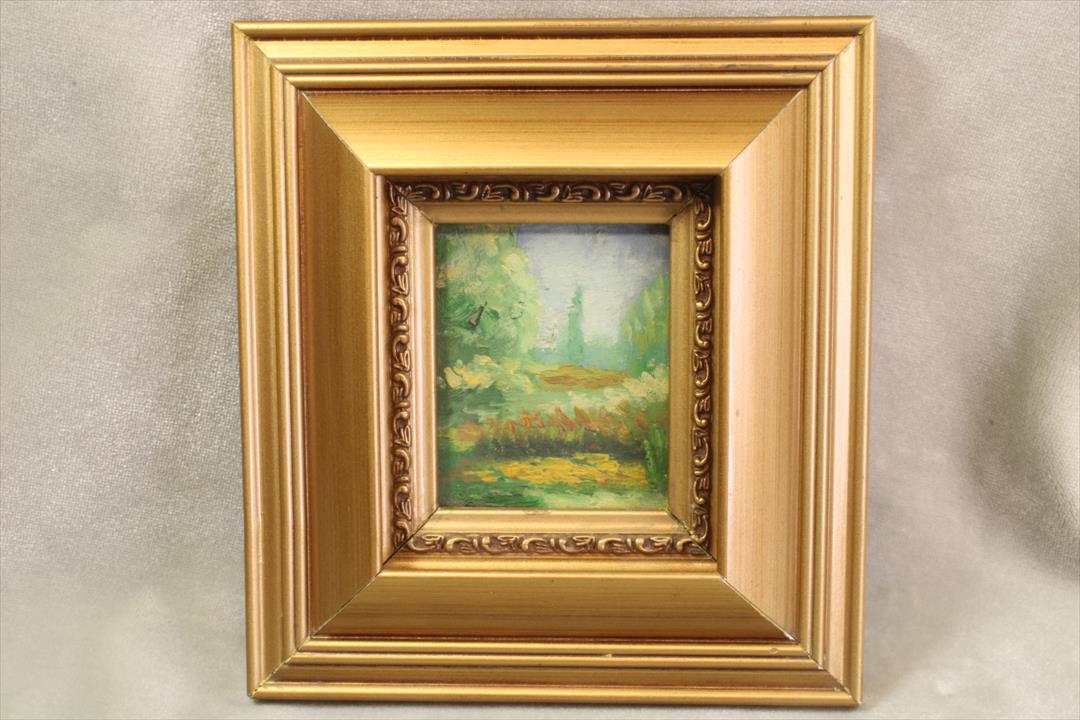 Antiques - OIL MINIATURE GARDEN. FRAMED. UNSIGNED. S.XX (T)