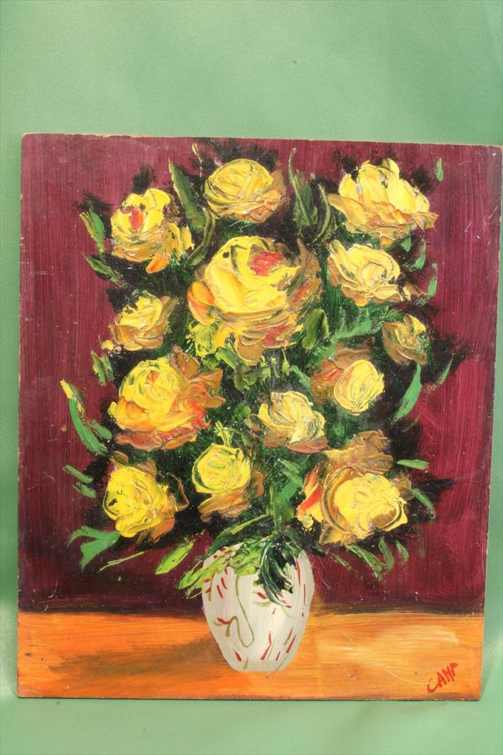 Antiguedades de oil on cardboard vase of yellow roses