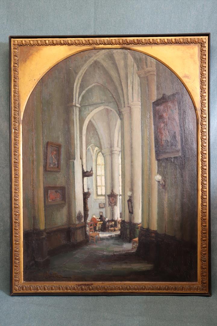 Antiques - OIL PAINTING INTERIOR OF THE CATHEDRAL OF BRUGES. RICHARD LEUTENEZ. (T)