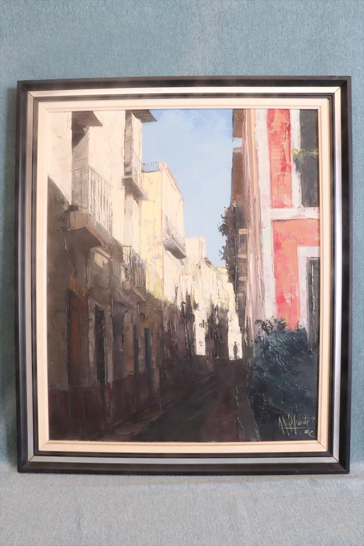 Antiques - OIL PAINTING OF THE SANTA CRUZ NEIGHBOURHOOD IN ALICANTE. ROBERTO RUIZ MORANTE. 1982 (T)