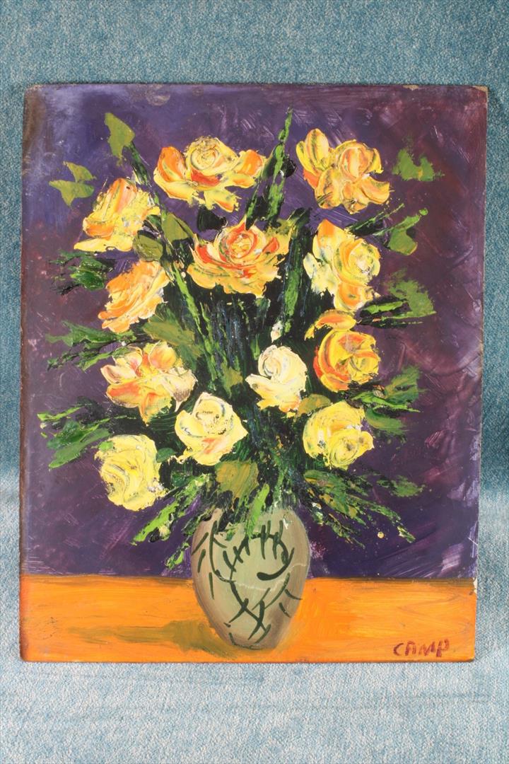 Antiques - OIL PAINTING YELLOW AND ORANGE FLOWERS. CAMP (2) (T)