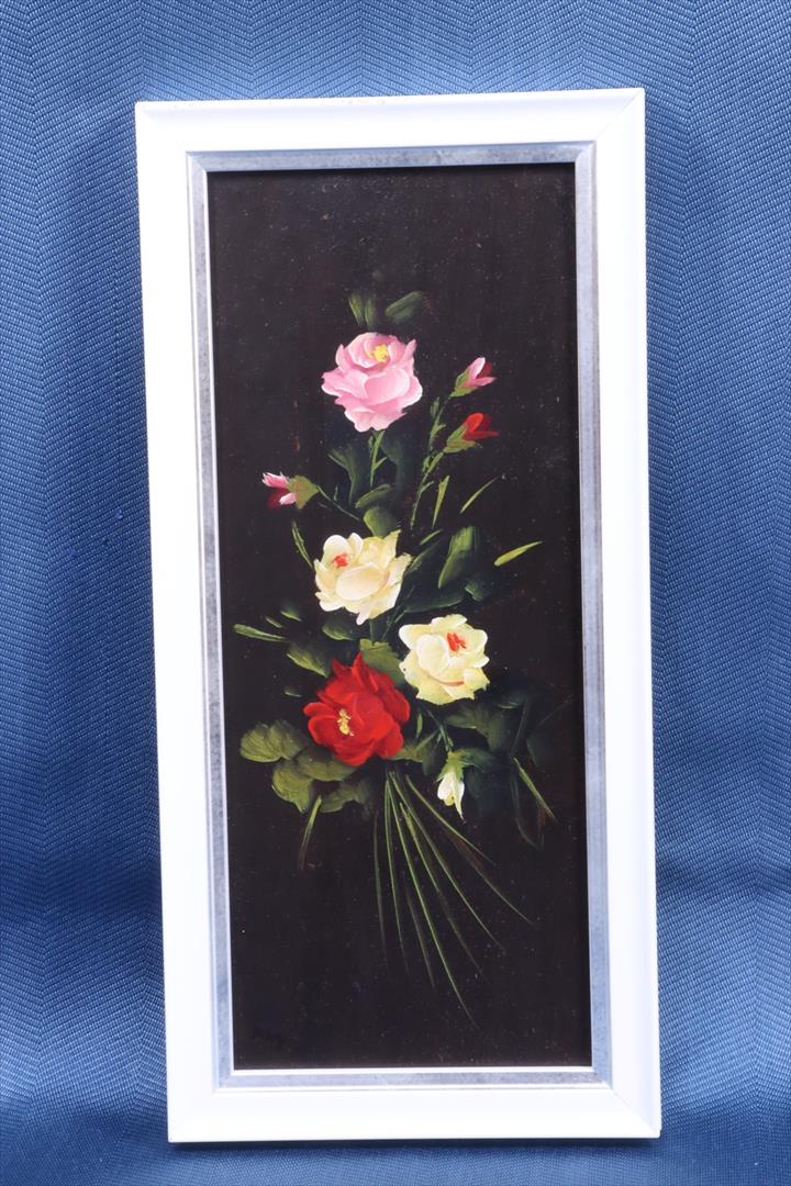 Antiques - OIL ROSES. SMALL PRESSED CARDBOARD BOARD. FRAMED. (T)