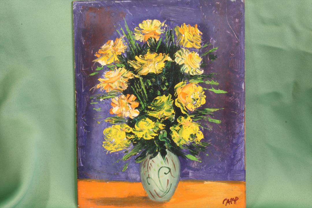 Antiques - OIL VASE OF FLOWER. YELLOW AND ORANGE ROSES (T)