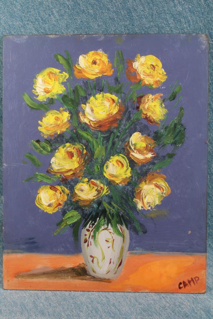 Antiques - OIL VASE OF YELLOW AND WHITE ROSES. (T)