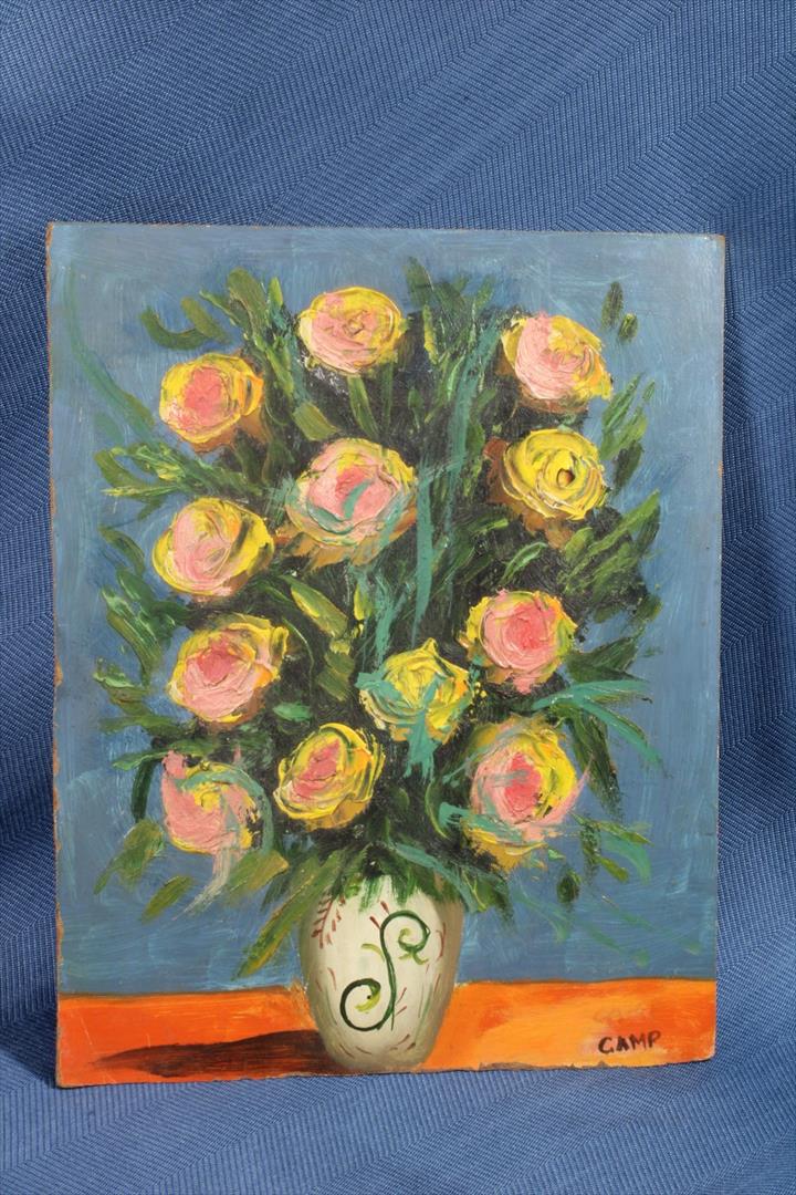 Antiques - OIL VASE OIL VASE YELLOW ROSES AND ROSES. (T)