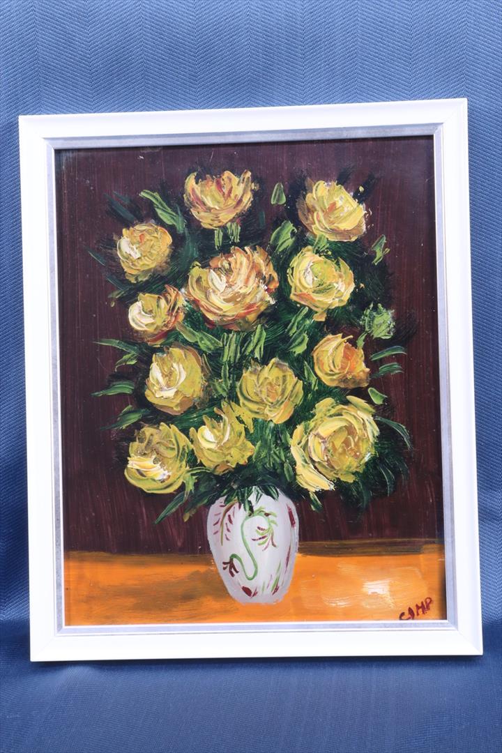 Antiques - OIL VASE YELLOW ROSES. FRAMED. (T)