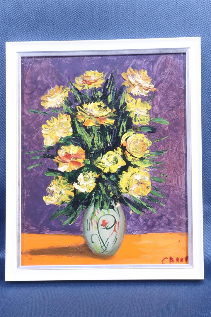 Antiques - OIL VASE YELLOW ROSES. REDDISH TOUCHES. FRAMED (T)