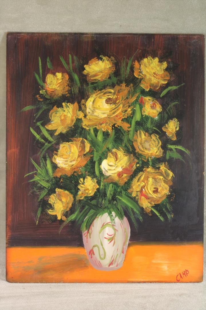 Antiques - OIL VASE YELLOW ROSES. SIGNED CAMP. (T)