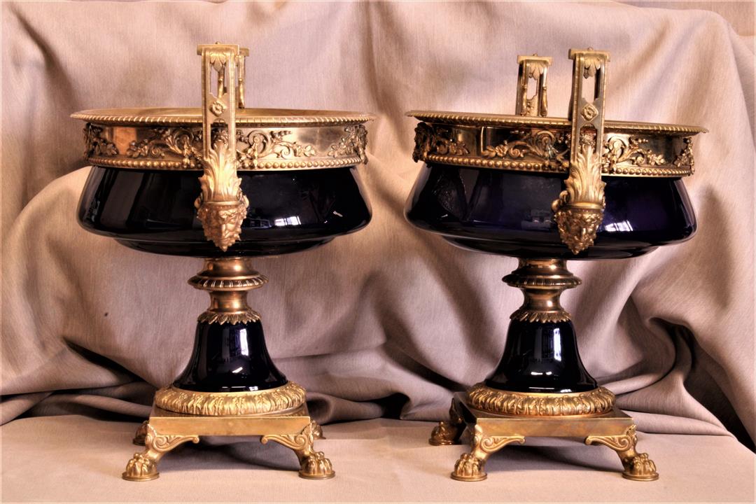 Antiques - PAIR OF EMPIRE STYLE GOBLETS. BRONZE AND PORCELAIN. 19TH CENTURY (T)